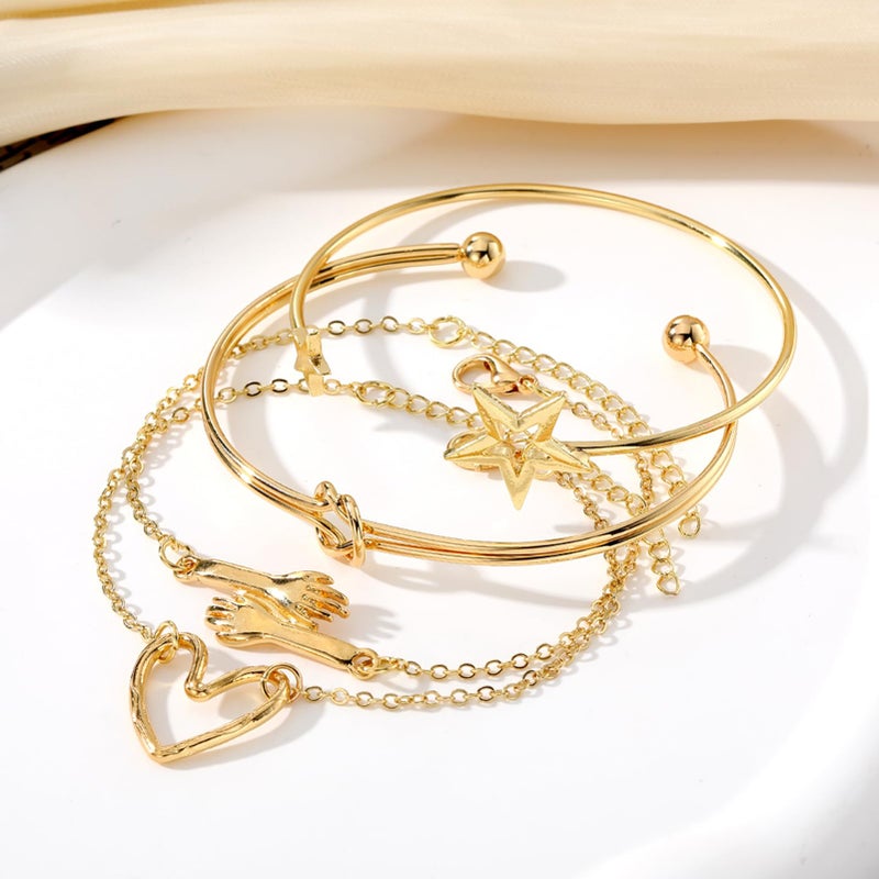17IF 4 Pcs Gold Bracelet for Women Dainty Chunky Trendy Star Tie Simple Bangle Set Aesthetic Hand Hugging Charm Heart Stack Accessories Adjustable Chain - Image 3
