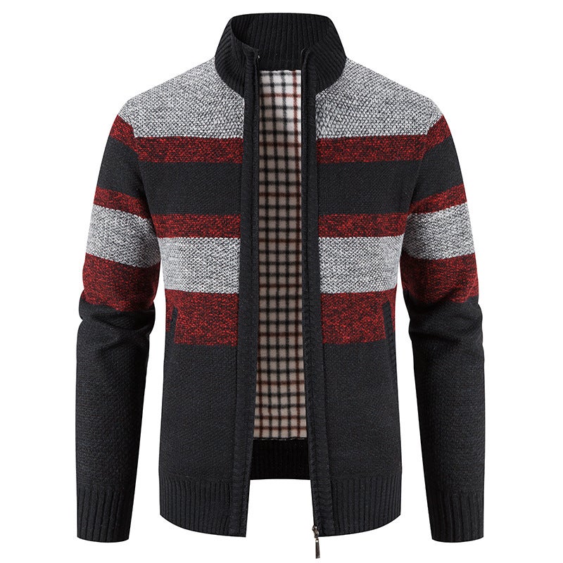 2022 Men'S Color Matching Stand Collar Zipper Knitted Cardigan Outer Wear Plus Velvet Padded Men'S Sweater Coat - Image 2