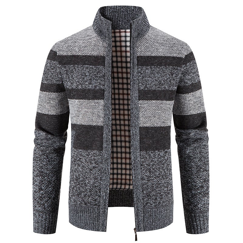 2022 Men'S Color Matching Stand Collar Zipper Knitted Cardigan Outer Wear Plus Velvet Padded Men'S Sweater Coat - Image 3