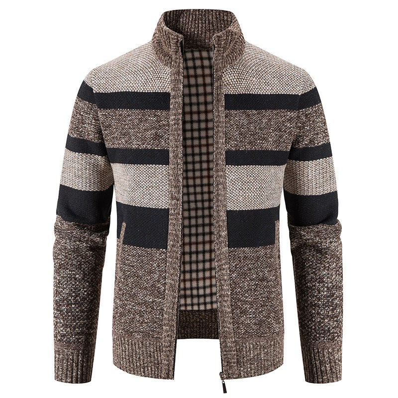 2022 Men'S Color Matching Stand Collar Zipper Knitted Cardigan Outer Wear Plus Velvet Padded Men'S Sweater Coat - Image 4