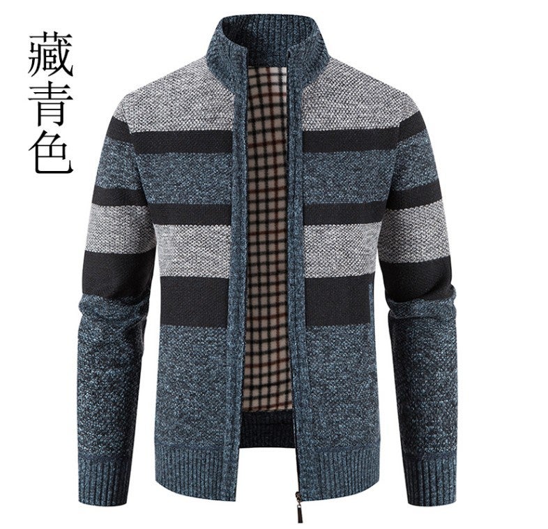 2022 Men'S Color Matching Stand Collar Zipper Knitted Cardigan Outer Wear Plus Velvet Padded Men'S Sweater Coat - Image 1