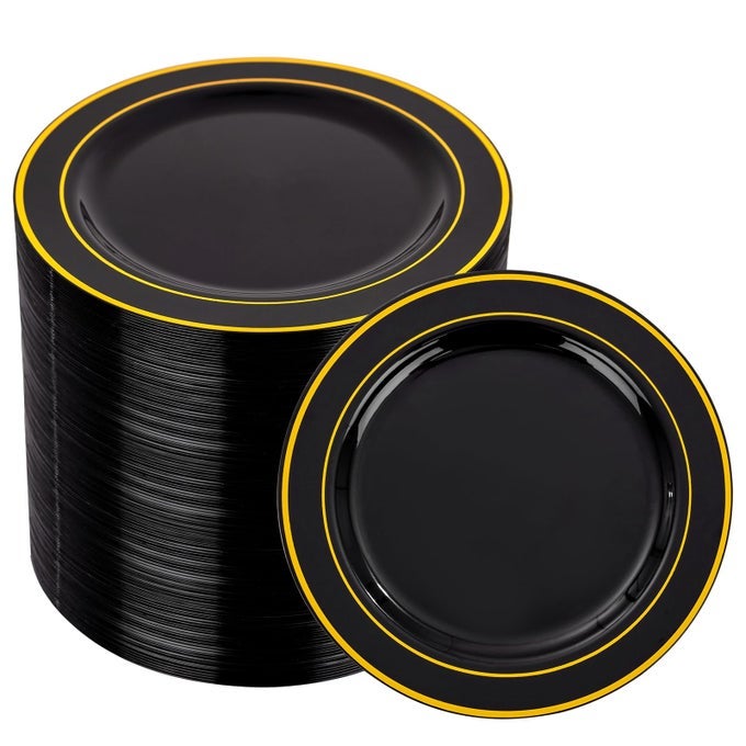 100PCS BLACK AND GOLD PLASTIC PLATES 625 INCH BLACK GOLD PREMIUM HARD DISPOSABLE DESSERTSALADAPPETIZERSMALL CAKE PLATES FOR PARTY GRADUATION NEW YEAR