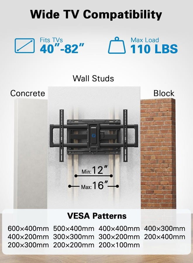 Pipishell Full Motion TV Wall Mount for 40–82 inch TVs, Swivel TV Wall Mount with Smooth Dual Arms, Wall Bracket Fits Most 55+ 65+ 75+ TVs, Max VESA 600x400mm, Fits 12″/16″ Wood Studs, up to 110 lbs - Image 2