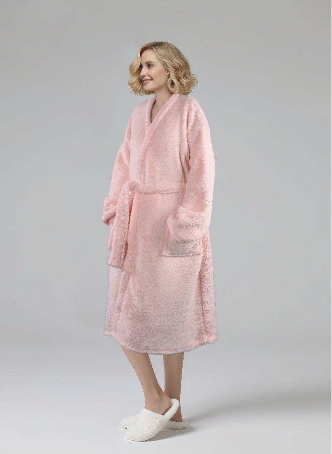 ايست من نون رداء حمام خفيف الوزن - 240 جم/م² مصنوع من البوليستر الناعم بنسبة 100% للنساء - غطاء رأس وجيب لطيف - لون وردي سادة، مقاس صغير - Image 2