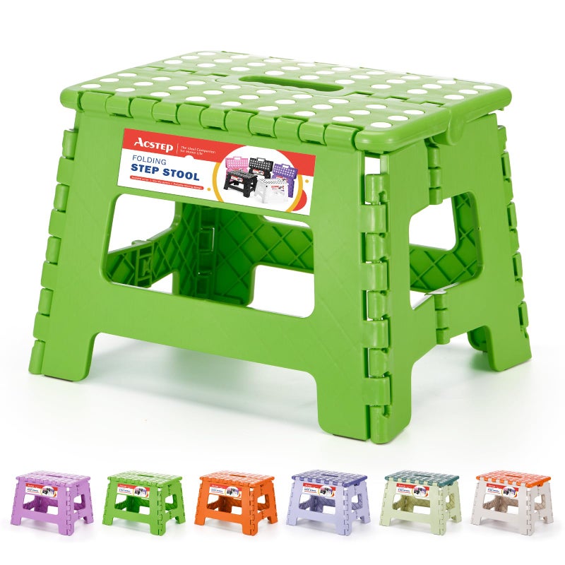 ACSTEP 9 Inch Folding Step Stool 300 LB Capacity Plastic Foldable Step Stools for Kids and Adults, Folding Stool Suitable for Kitchen, Stepping Stool with Handle Green Small Step Stool 1PC - Image 1