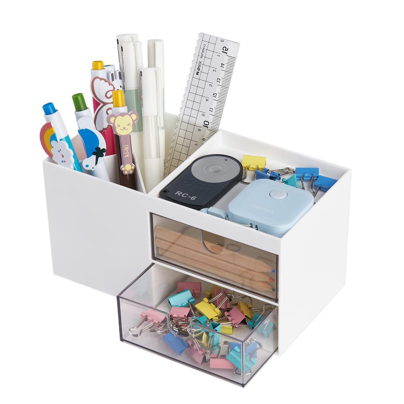 LETURE Office Desk Organizer with drawer, Office Supplies and Desk Accessories, Business Card/Pen/Pencil/Mobile Phone/Stationery Holder Storage Box (White) - Image 1