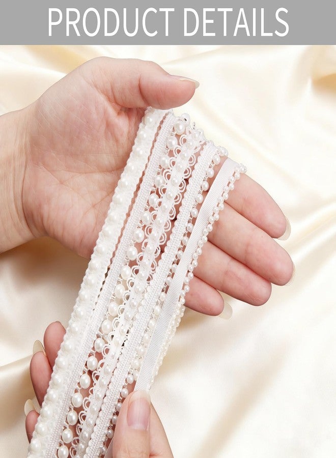 HLTOO 5 Yards Pearls Lace Ribbon Trim, White Beaded Fringe Trim Applique, for Sewing Clothing, Curtains, Wedding Decoration, Bridal Dress, Belt, Headwear, 5 Styles - Image 3