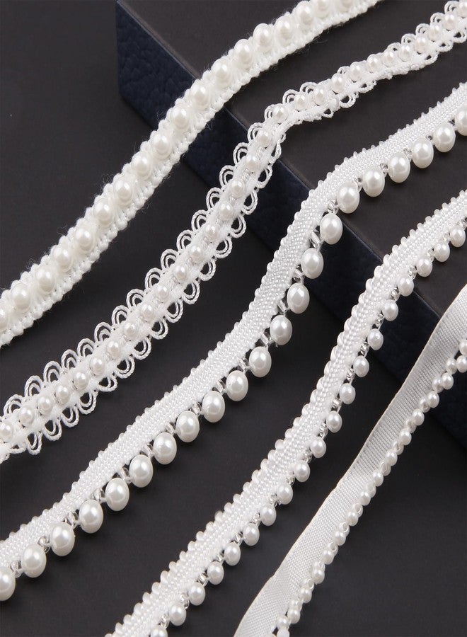 HLTOO 5 Yards Pearls Lace Ribbon Trim, White Beaded Fringe Trim Applique, for Sewing Clothing, Curtains, Wedding Decoration, Bridal Dress, Belt, Headwear, 5 Styles - Image 1