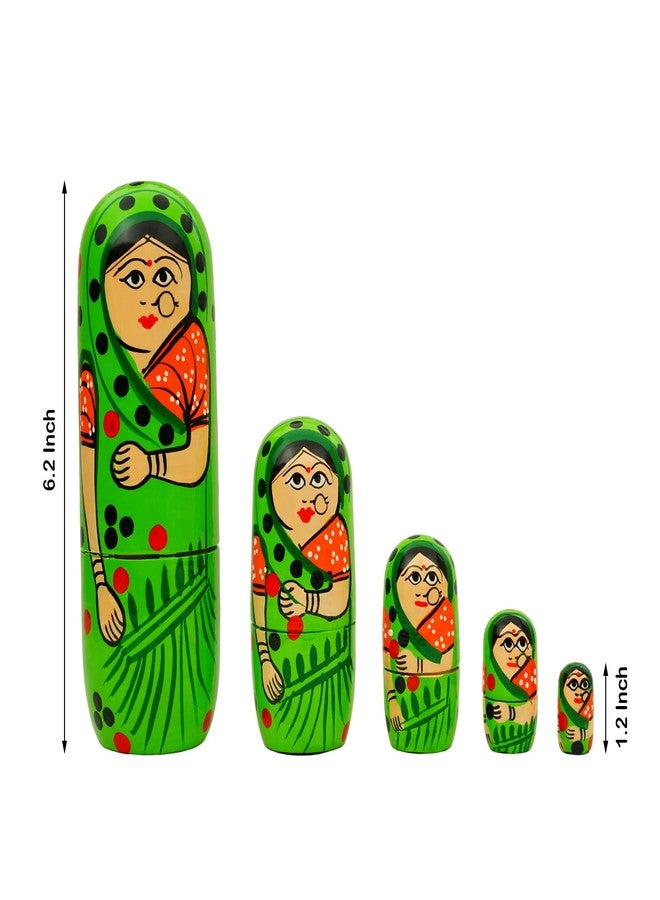 TOOLART® Set of 5Pcs Hand Painted Cute Wooden Russian Matryoshka Stacking Nested Wood Dolls - Green - Image 2