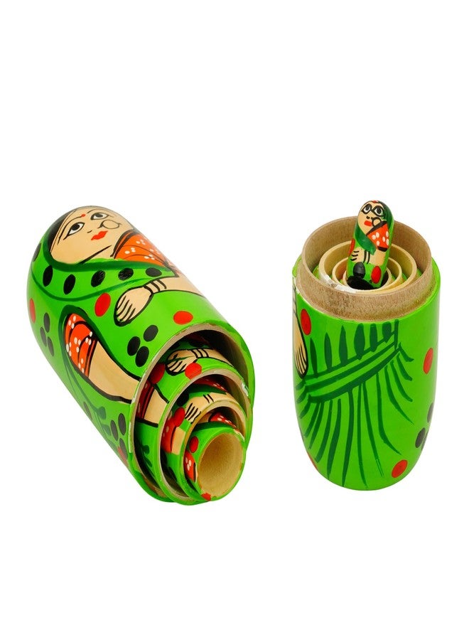 TOOLART® Set of 5Pcs Hand Painted Cute Wooden Russian Matryoshka Stacking Nested Wood Dolls - Green - Image 4