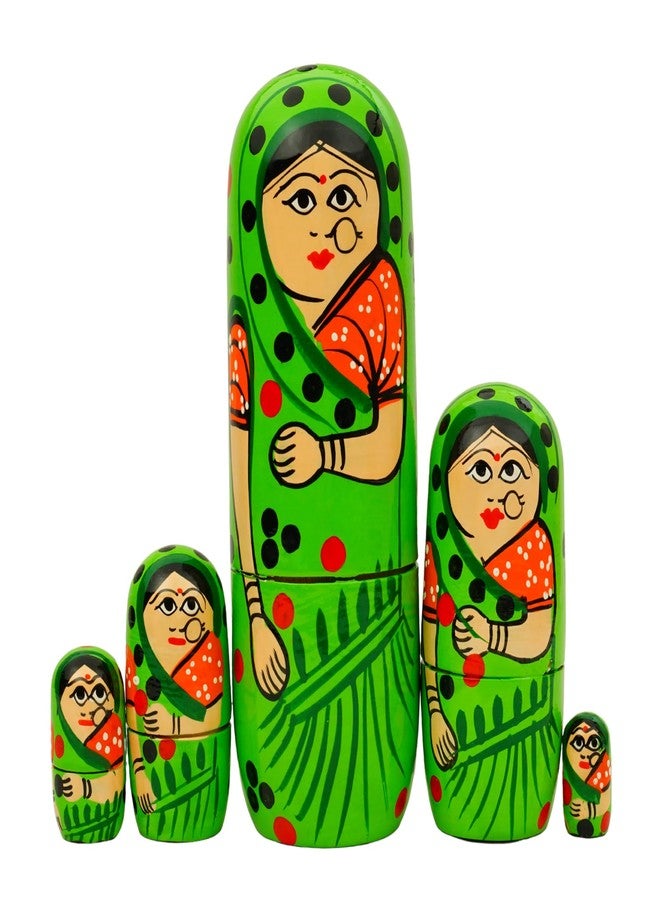 TOOLART® Set of 5Pcs Hand Painted Cute Wooden Russian Matryoshka Stacking Nested Wood Dolls - Green - Image 1