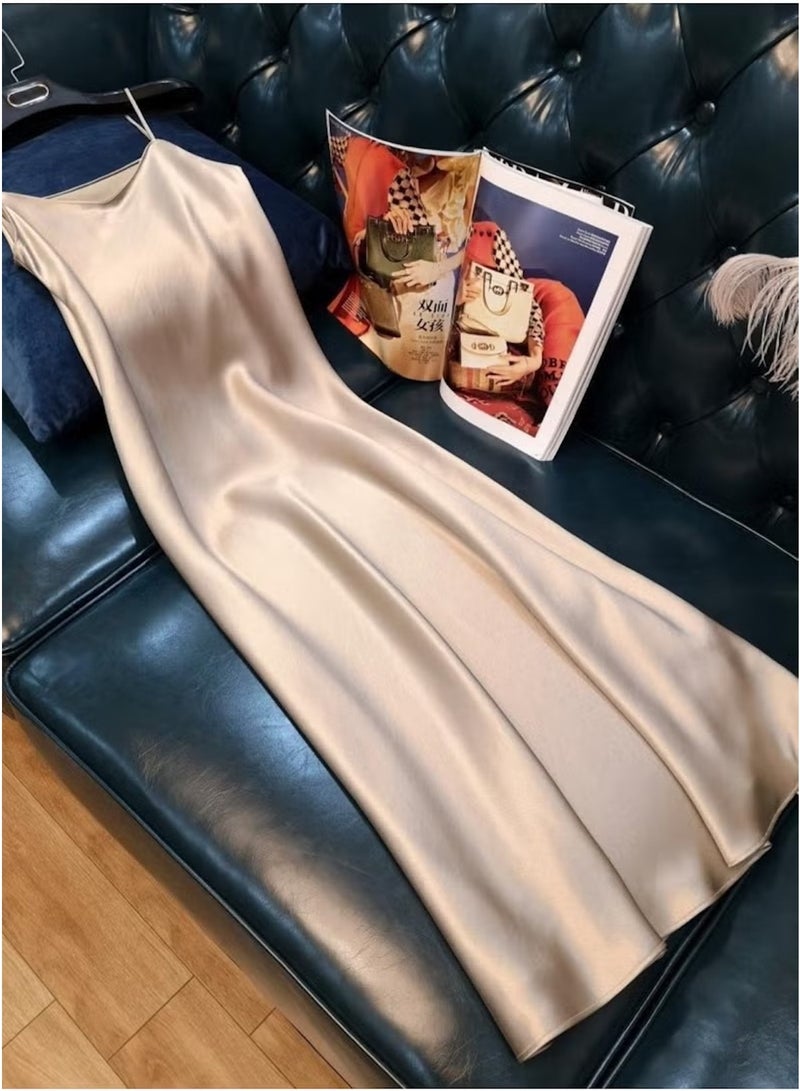 Huitich Women's Satin V-Neck Sleeveless Dress Beige Size XL - Image 3