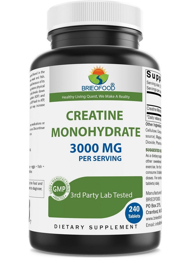 Brieofood Creatine Pills 3000 mg per Serving - 240 Tablets - 3rd Party Lab Tested for Purity & Quality - Helps Improve Athletic Performance - Image 1