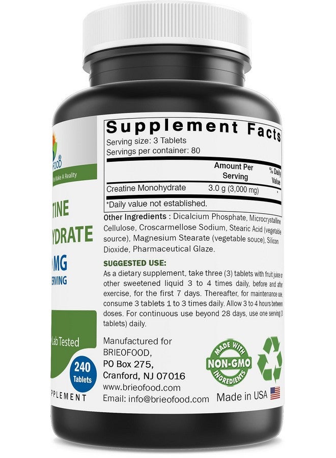 Brieofood Creatine Pills 3000 mg per Serving - 240 Tablets - 3rd Party Lab Tested for Purity & Quality - Helps Improve Athletic Performance - Image 2