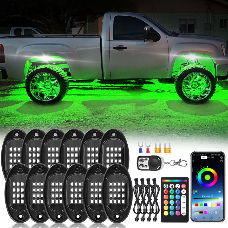 ZONECONA 12Pods RGB LED Rock Lights Kit with APPRF Remote Control Car Underglow Lights with Dual Zone Brake Multicolor Neon Underbody Lights Waterproof 12V for Trucks Pickup Jeep Golf Cart SXS ATV