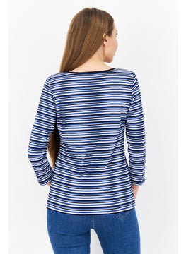 Zero Women Round Neck Long  Sleeves Stripe Top, Blue Combo  - Image 4