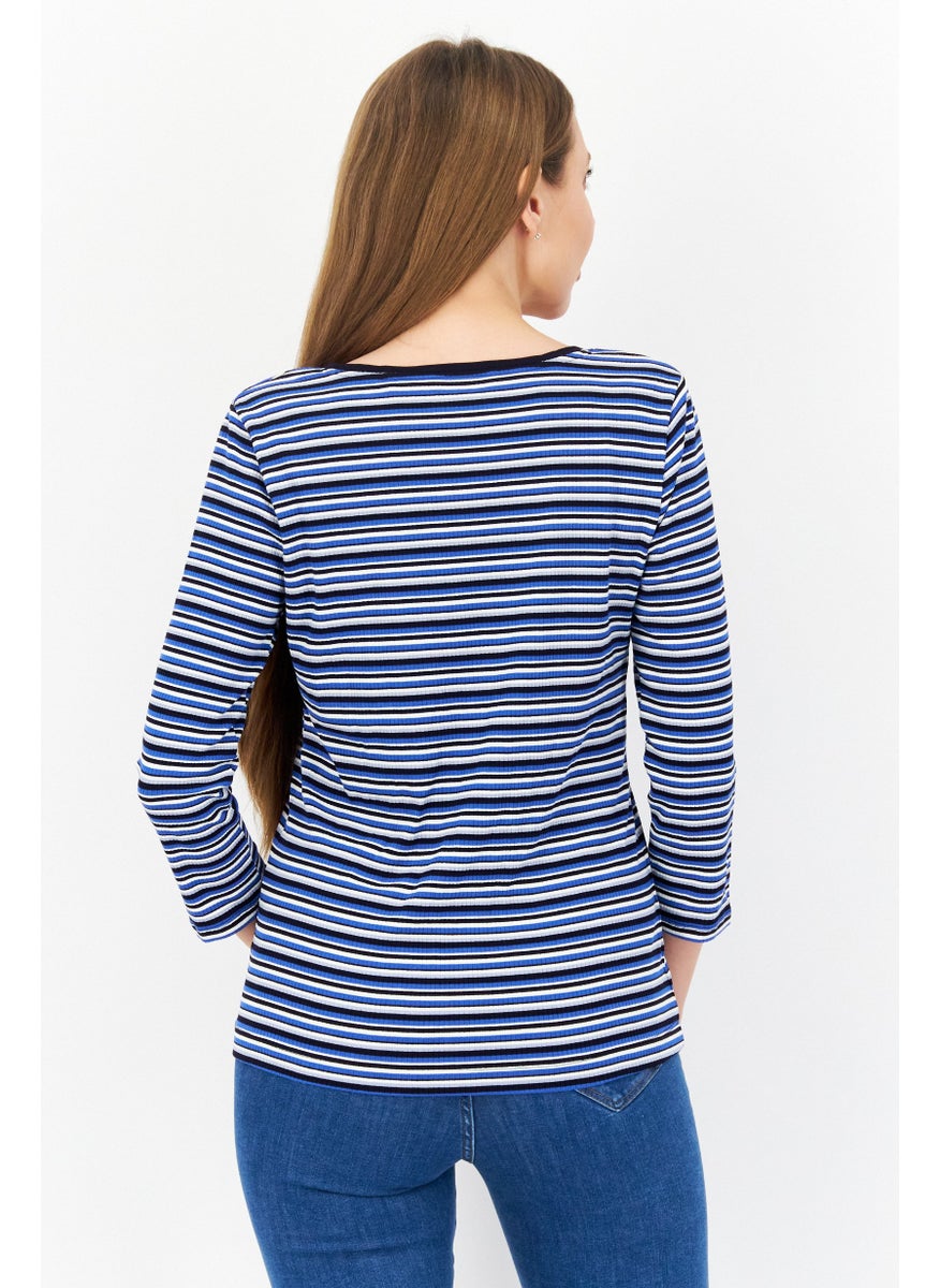Zero Women Round Neck Long  Sleeves Stripe Top, Blue Combo  - Image 4