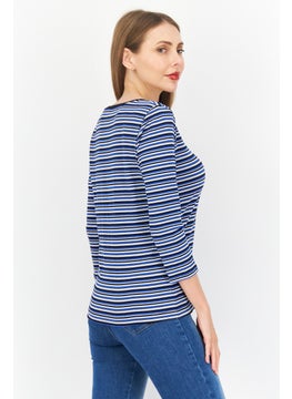 Zero Women Round Neck Long  Sleeves Stripe Top, Blue Combo  - Image 2