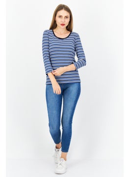 Zero Women Round Neck Long  Sleeves Stripe Top, Blue Combo  - Image 3