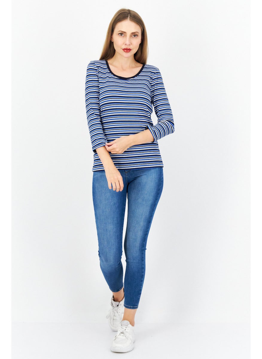 Zero Women Round Neck Long  Sleeves Stripe Top, Blue Combo  - Image 3