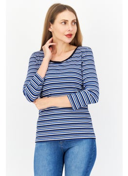 Zero Women Round Neck Long  Sleeves Stripe Top, Blue Combo  - Image 1