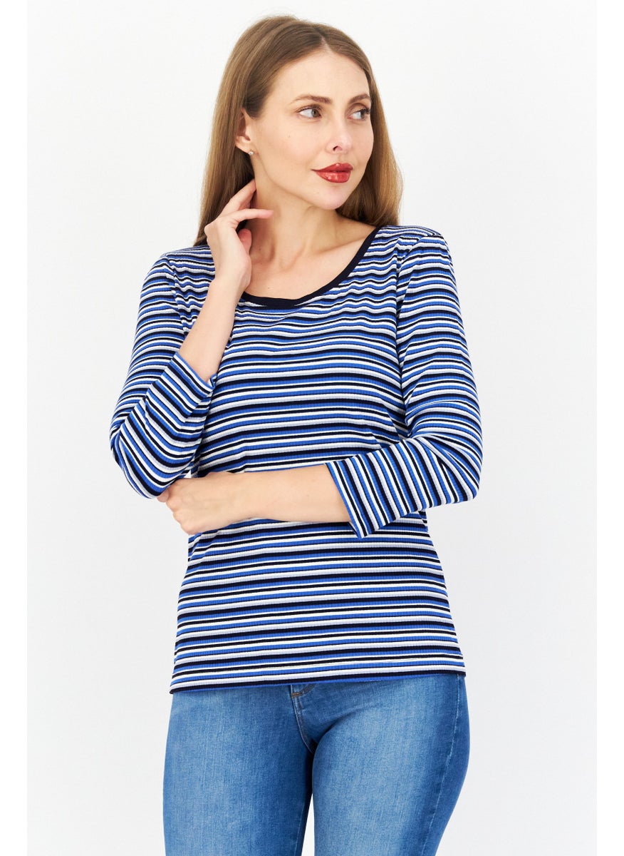 Zero Women Round Neck Long  Sleeves Stripe Top, Blue Combo  - Image 1