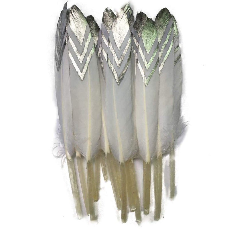 Sowder 50pcs Colorful Gold Goose Feathers 4-6inch(10-15cm) for Art Craft Party Decoration Clothing Accessories Duck Feather(White&Silver) - Image 5