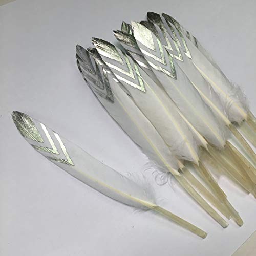Sowder 50pcs Colorful Gold Goose Feathers 4-6inch(10-15cm) for Art Craft Party Decoration Clothing Accessories Duck Feather(White&Silver) - Image 3
