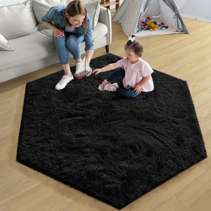 EVOIONOS Black Hexagon Rug, Fluffy Area Rug for Bedroom, 4x4.6 Feet Shag Cute Carpet for Kids Girls Room, Fuzzy Plush Ultra Soft Cozy Non Slipfor Indoor Floor, Shaggy Furry Faux Fur Rug, Dorm - Image 4