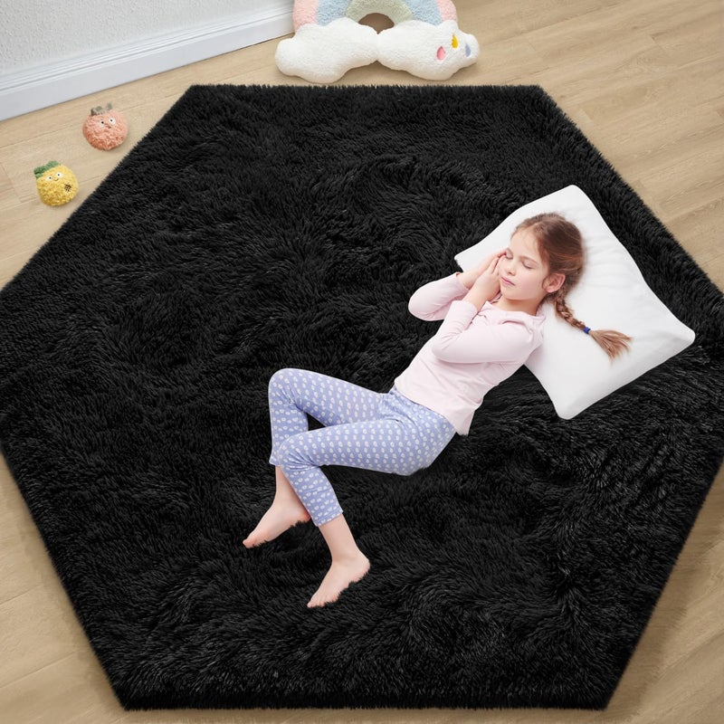 EVOIONOS Black Hexagon Rug, Fluffy Area Rug for Bedroom, 4x4.6 Feet Shag Cute Carpet for Kids Girls Room, Fuzzy Plush Ultra Soft Cozy Non Slipfor Indoor Floor, Shaggy Furry Faux Fur Rug, Dorm - Image 1
