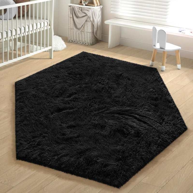 EVOIONOS Black Hexagon Rug, Fluffy Area Rug for Bedroom, 4x4.6 Feet Shag Cute Carpet for Kids Girls Room, Fuzzy Plush Ultra Soft Cozy Non Slipfor Indoor Floor, Shaggy Furry Faux Fur Rug, Dorm - Image 5