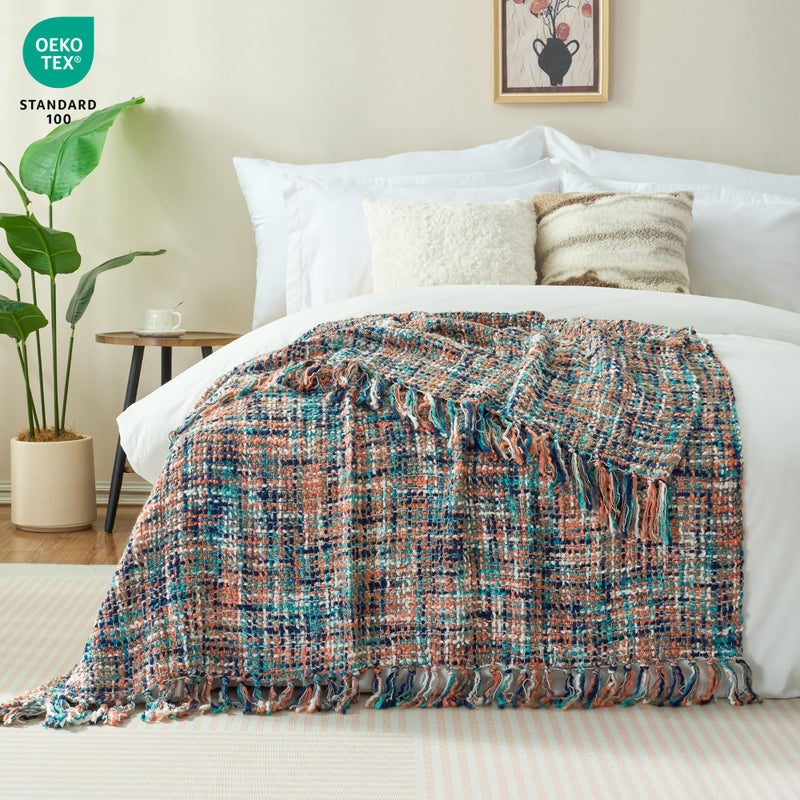 GINAMUSE Multi-Color Pink Cable Woven Throw Blanket for Couch,50"X60" Boho Style Textured Blankets for Home Decor,Super Soft Warm Cozy Chunky Blanket with Decorative Tassels for Bed and Sofa - Image 2