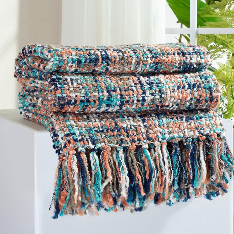 GINAMUSE Multi-Color Pink Cable Woven Throw Blanket for Couch,50"X60" Boho Style Textured Blankets for Home Decor,Super Soft Warm Cozy Chunky Blanket with Decorative Tassels for Bed and Sofa - Image 1