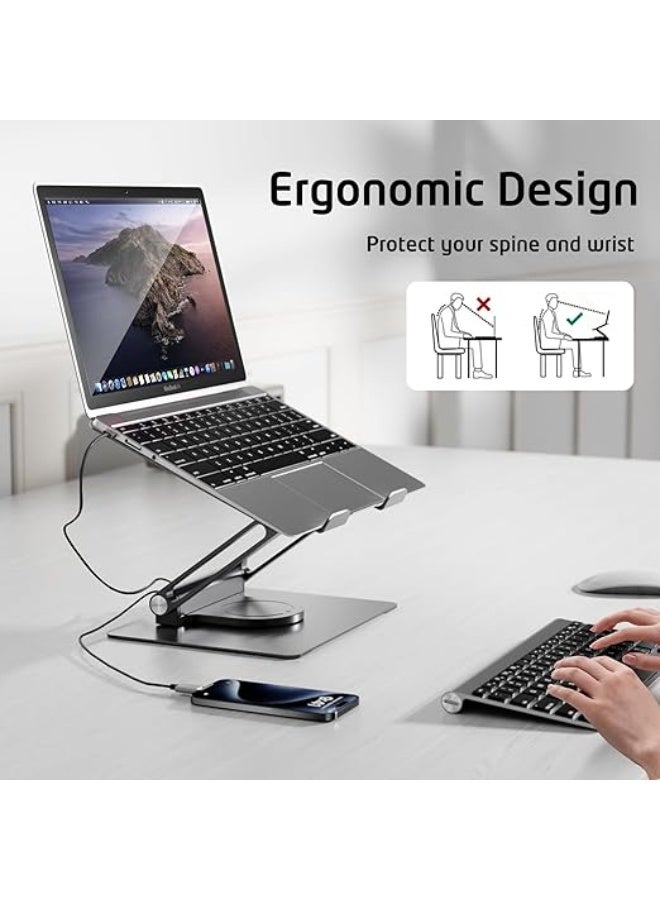 حامل لابتوب مزود بمنافذ USB-C وUSB-A، قاعدة ألومنيوم قابلة للتعديل مع دوران 360 درجة، تصميم مريح وقابل للطي للأجهزة من 7 إلى 17 بوصة - Image 3