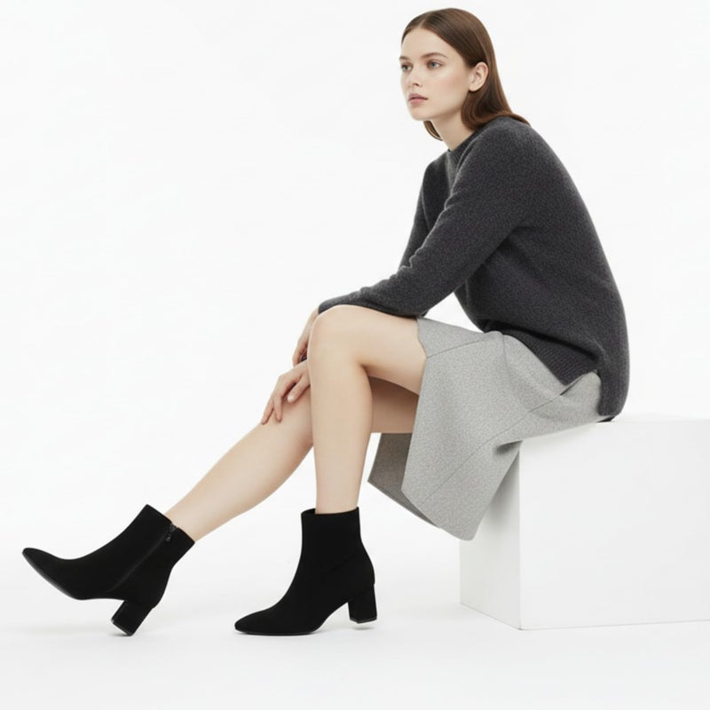 Abbleet Women's Ankle Boots Pointed Toe Chunky Block Heel Short Boots for Women Low Heeled Bootiesï¼ˆBlackSuede,8ï¼‰ - Image 2