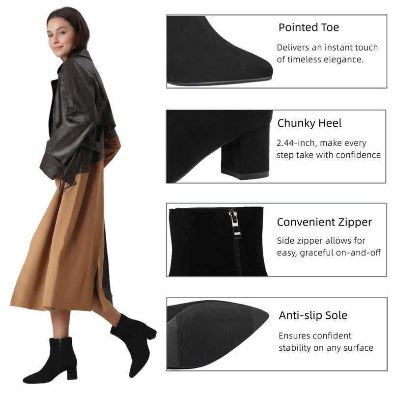 Abbleet Women's Ankle Boots Pointed Toe Chunky Block Heel Short Boots for Women Low Heeled Bootiesï¼ˆBlackSuede,8ï¼‰ - Image 5