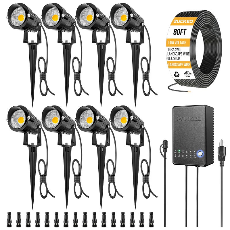 ZUCKEO All-in-One Landscape Lighting Kit, 5W LED Low Voltage Landscape Lights with Transformer and 80FT Wire, Waterproof Outdoor Spotlight with Connectors for Yard Garden House, 3000K 12-24V 8Pack - Image 1