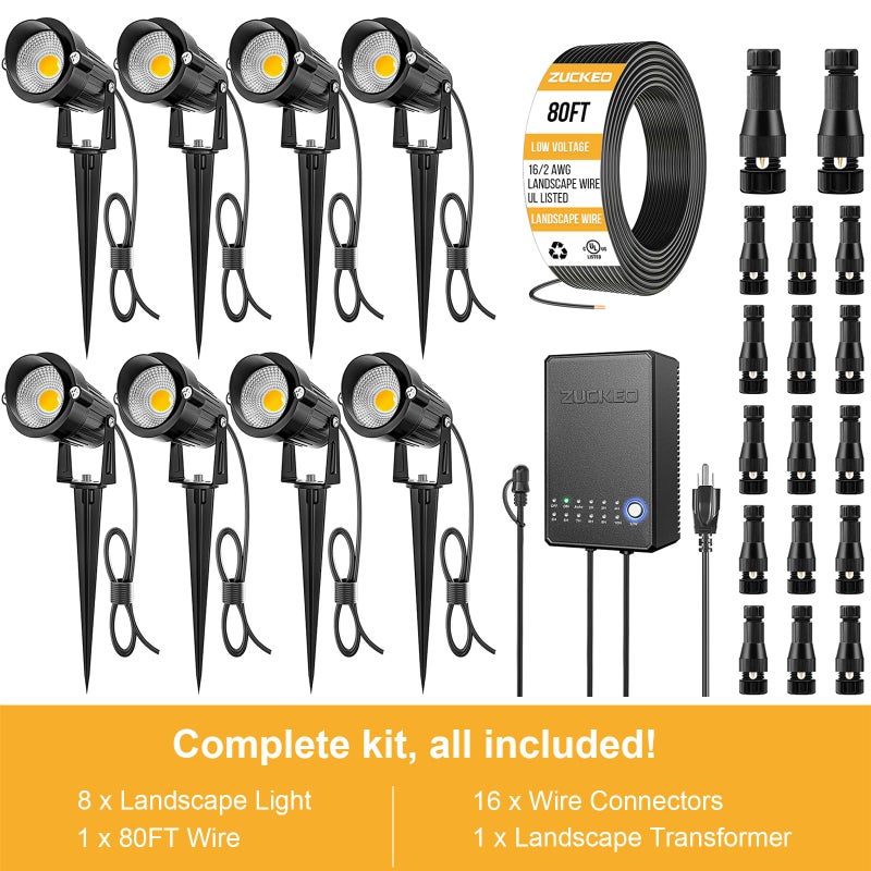 ZUCKEO All-in-One Landscape Lighting Kit, 5W LED Low Voltage Landscape Lights with Transformer and 80FT Wire, Waterproof Outdoor Spotlight with Connectors for Yard Garden House, 3000K 12-24V 8Pack - Image 5