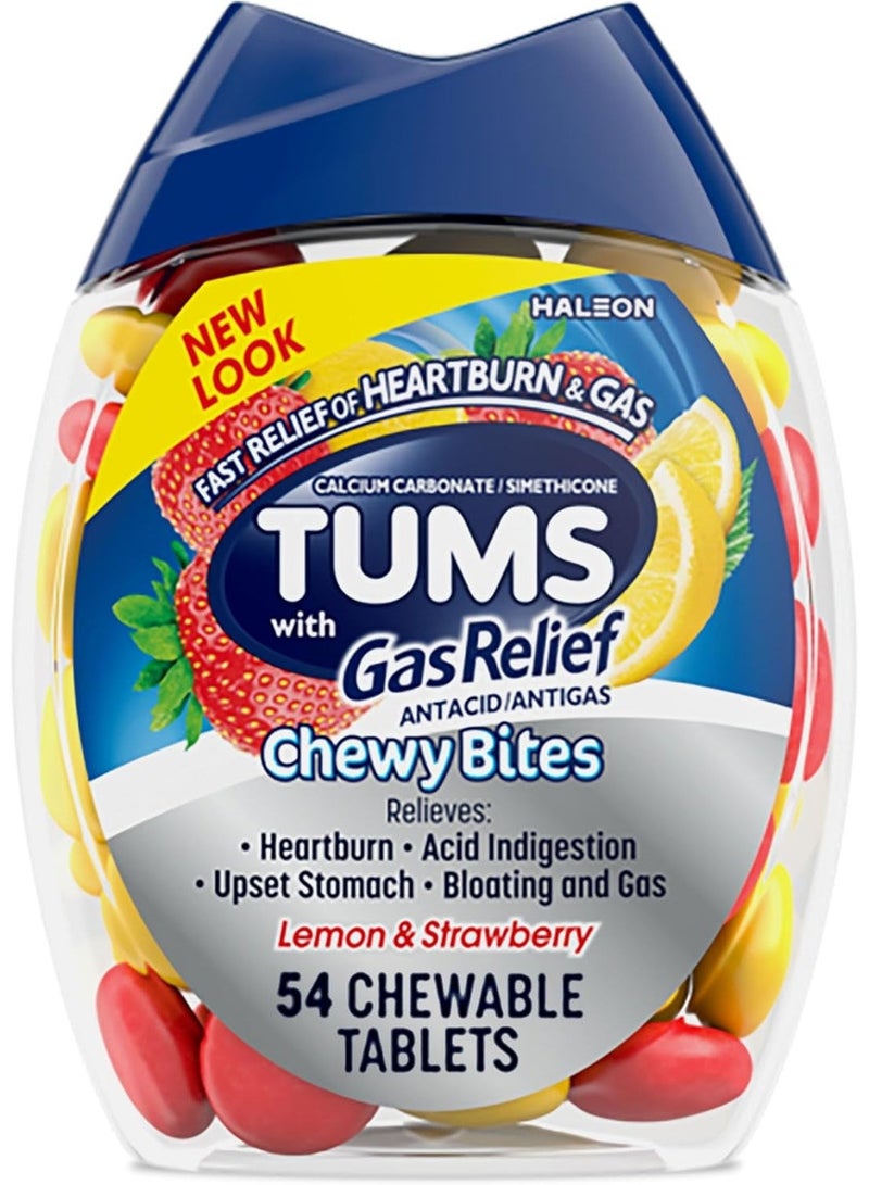 TUMS Chewy Bites Chewable Antacid Tablets with Gas Relief, Lemon & Strawberry - 54 Count - Image 1