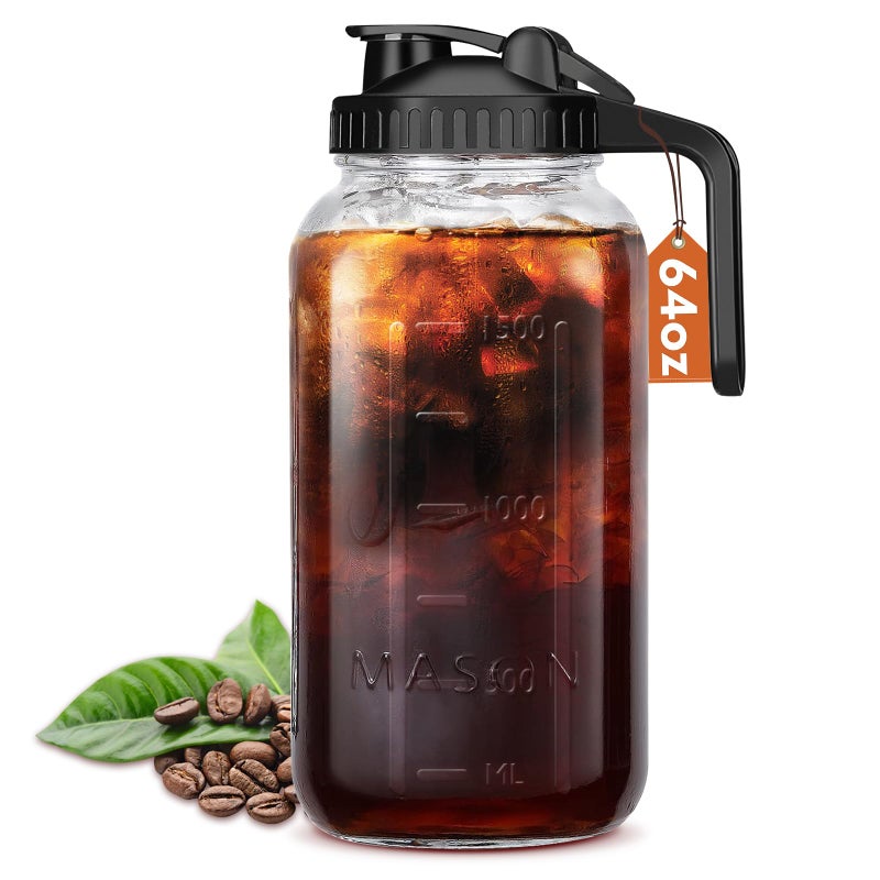 Mihlapi Glass Pitcher with Lid, 64 OZ Mason Jar Pitcher Double Leak Proof, 2 Quart Breast Milk Storage Containers for Fridge, Wide Mouth Glass Jar for Sun Tea, Juice, Cold Brew Coffee - Image 1