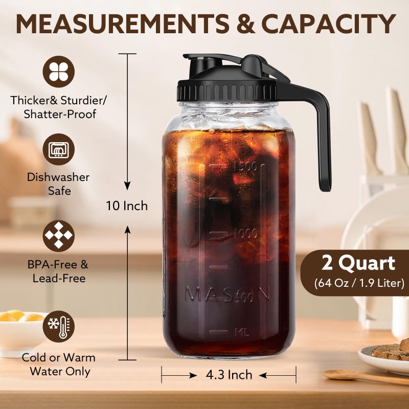 Mihlapi Glass Pitcher with Lid, 64 OZ Mason Jar Pitcher Double Leak Proof, 2 Quart Breast Milk Storage Containers for Fridge, Wide Mouth Glass Jar for Sun Tea, Juice, Cold Brew Coffee - Image 5