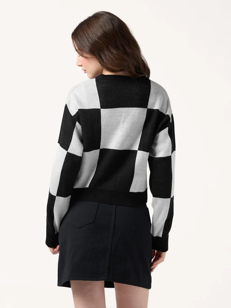 Outzidr black Black Colour Block Checkered Sweater for Women | Best Price UAE