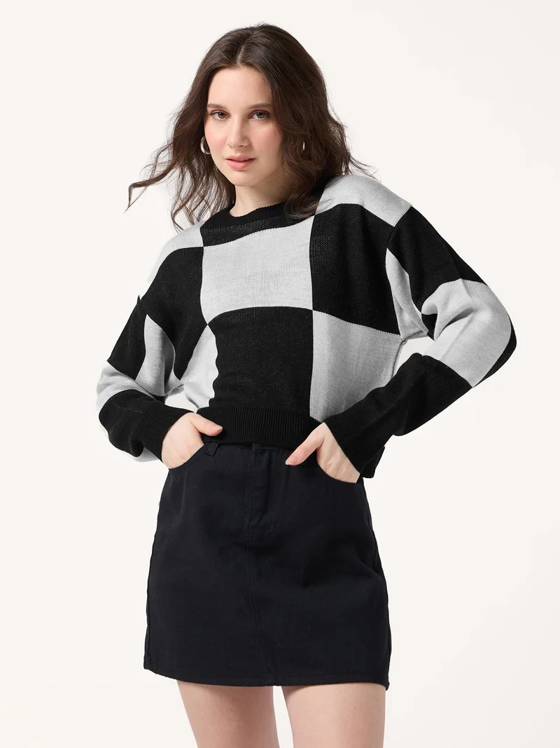 Outzidr black Black Colour Block Checkered Sweater for Women | Best Price UAE