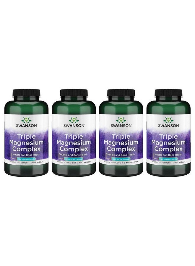 Swanson Triple Magnesium Complex - Mineral Supplement - Natural Support - Featuring Citrate, Oxide & Aspartate - (300 Capsules, 400mg Each,) (4 Pack) - Image 1