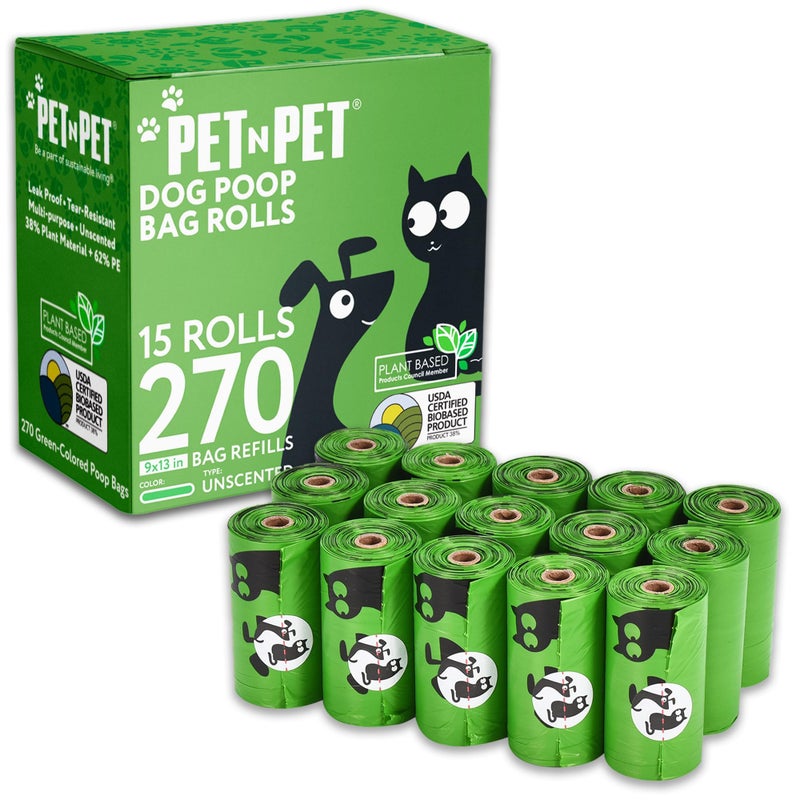 Pet N Pet 270 Counts Green Poop Bags for Dogs, 38% Plant Based & 62% PE Extra Thick Dog Poop Bags Rolls, 9" x 13", Unscented Dog Waste Bag, Pet Supplies for Dogs - Image 1