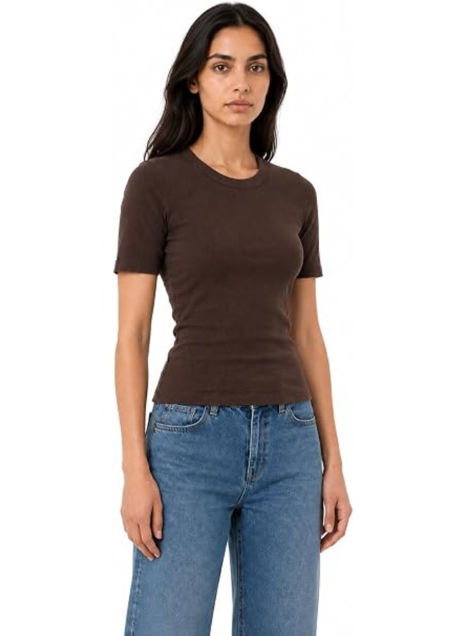 Nileton Women's Basic Ribbed Knit - Cotton Crew Neck T-Shirt - Slim Fit Half Sleeve Stretchy Fitted Casual Everyday Tee - Image 3