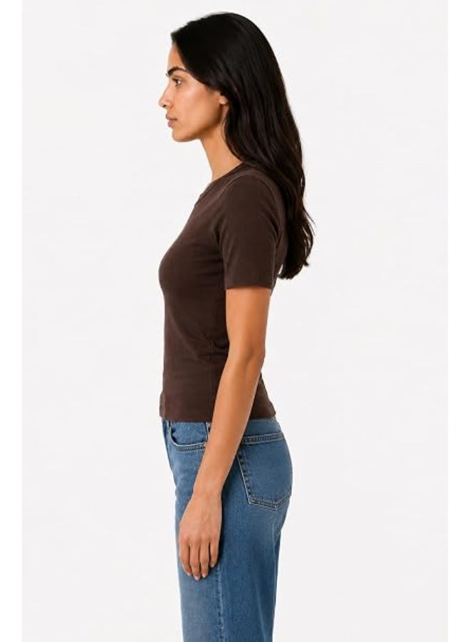 Nileton Women's Basic Ribbed Knit - Cotton Crew Neck T-Shirt - Slim Fit Half Sleeve Stretchy Fitted Casual Everyday Tee - Image 5