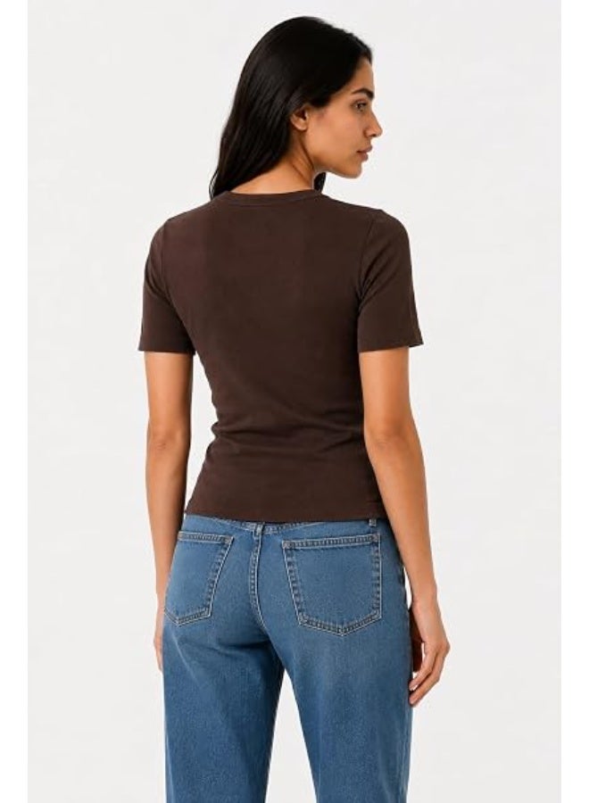 Nileton Women's Basic Ribbed Knit - Cotton Crew Neck T-Shirt - Slim Fit Half Sleeve Stretchy Fitted Casual Everyday Tee - Image 4
