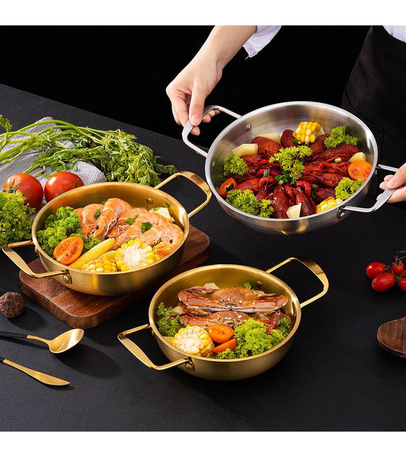 18 20 22cm 3 Piece Stainless Steel Korean Soup Pot Set For Ramen Seafood Golden Double Eared Pots - Image 1