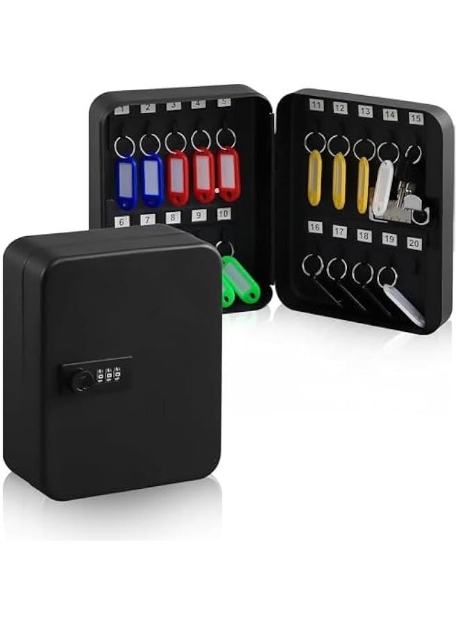 تراسل خزانة تخزين آمنة للمفاتيح ببлок رمز ثلاثي الأرقام - تتضمن المعدات التثبيتية وسوم المفاتيح - حل أمان مثبت على الحائط لمستودعك المنزلي أو المكتبي (أسود 20) - Image 1